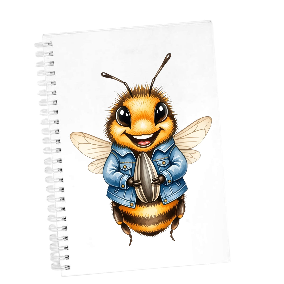 Bee In Denim Jacket With Sunflower Seed UV DTF sticker applied to the cover of a white spiral journal