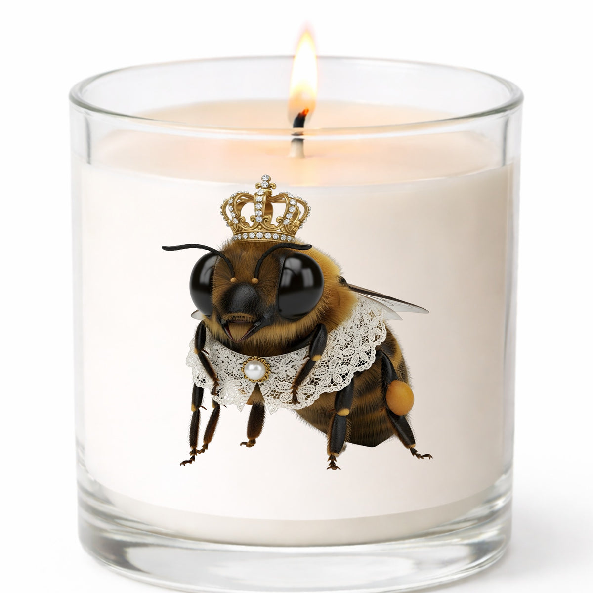 Honeybee With Gold Crown And Lace Collar UV DTF sticker applied to a white candle in a clear glass jar