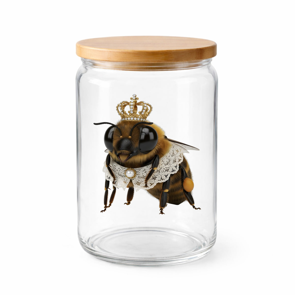 Honeybee With Gold Crown And Lace Collar UV DTF sticker applied to a clear glass jar with a wooden lid