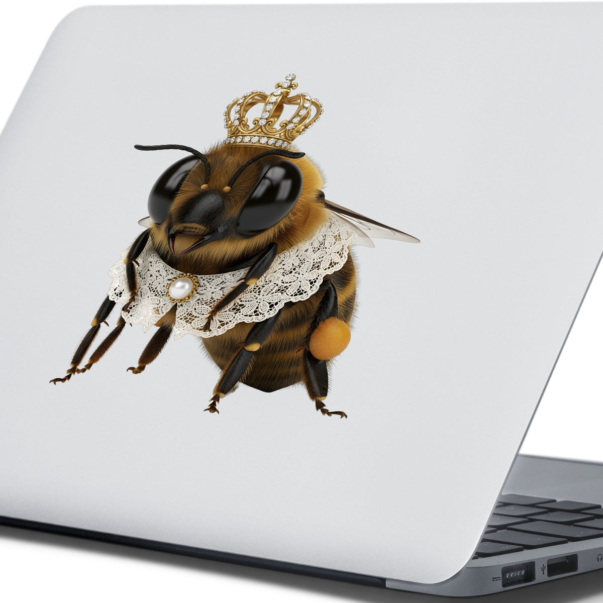 Honeybee With Gold Crown And Lace Collar UV DTF sticker applied to the lid of a silver laptop