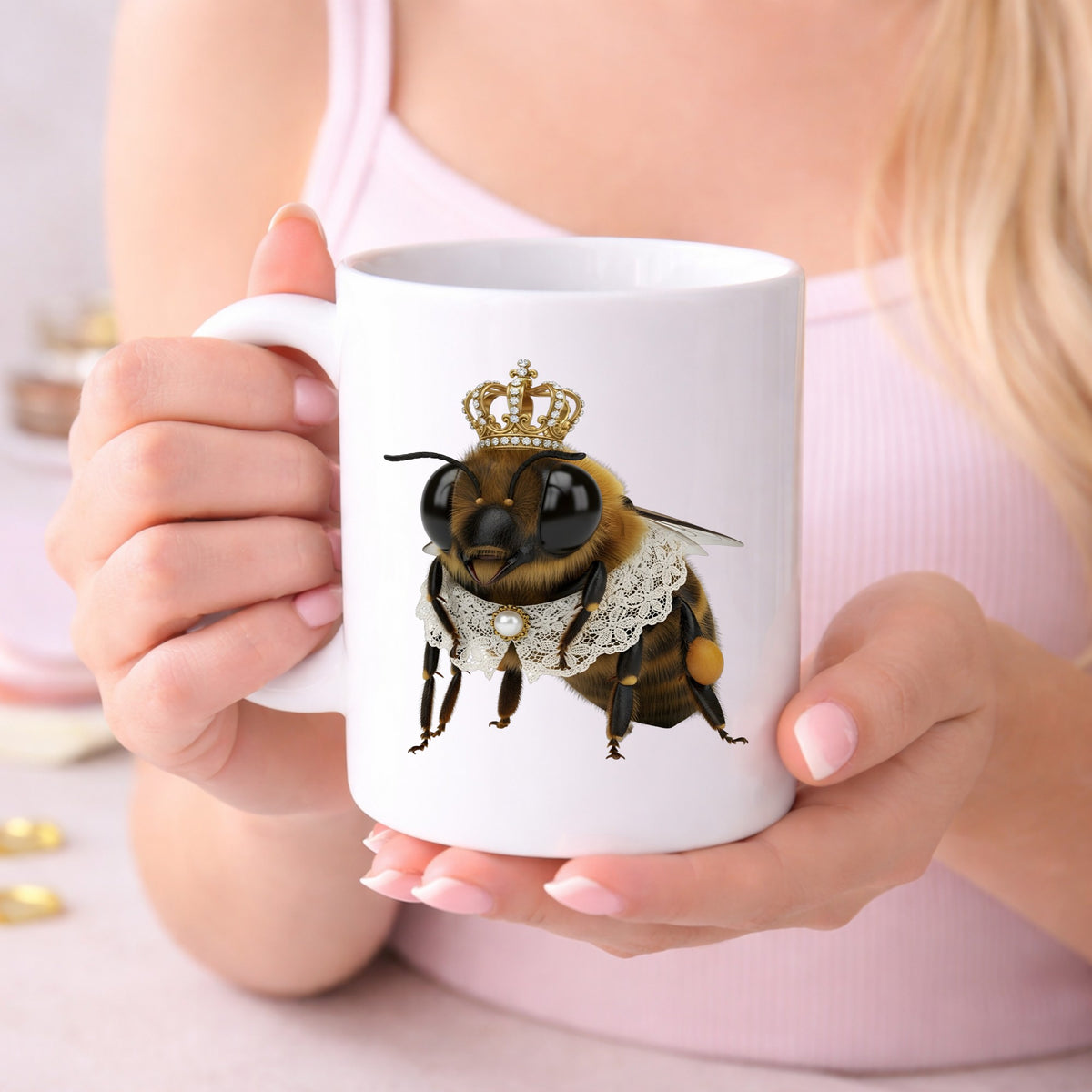 Honeybee With Gold Crown And Lace Collar UV DTF sticker applied to a white coffee mug held in both hands
