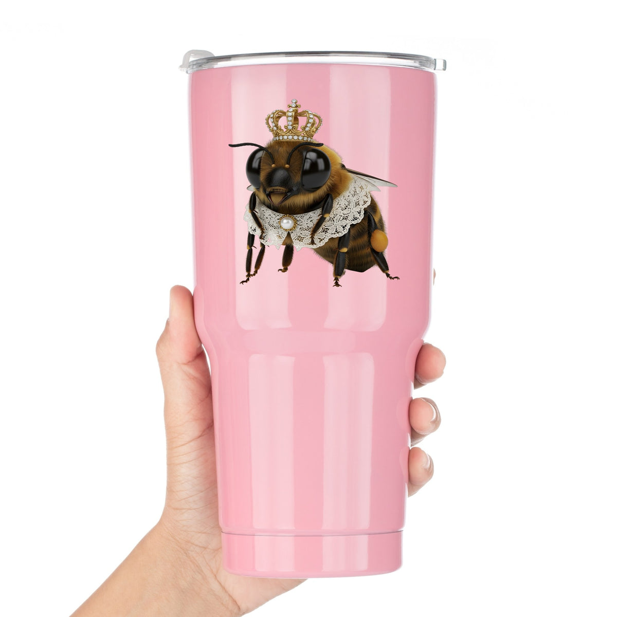 Honeybee With Gold Crown And Lace Collar UV DTF sticker applied to a pink tumbler held against a white background