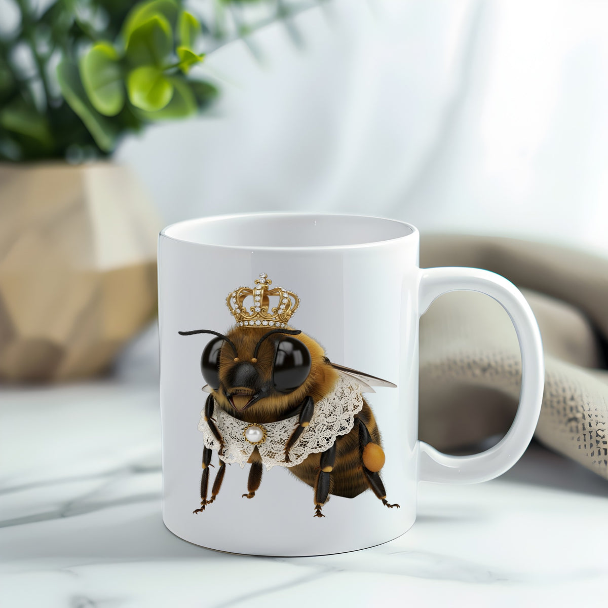 Honeybee With Gold Crown And Lace Collar UV DTF sticker applied to a white coffee mug