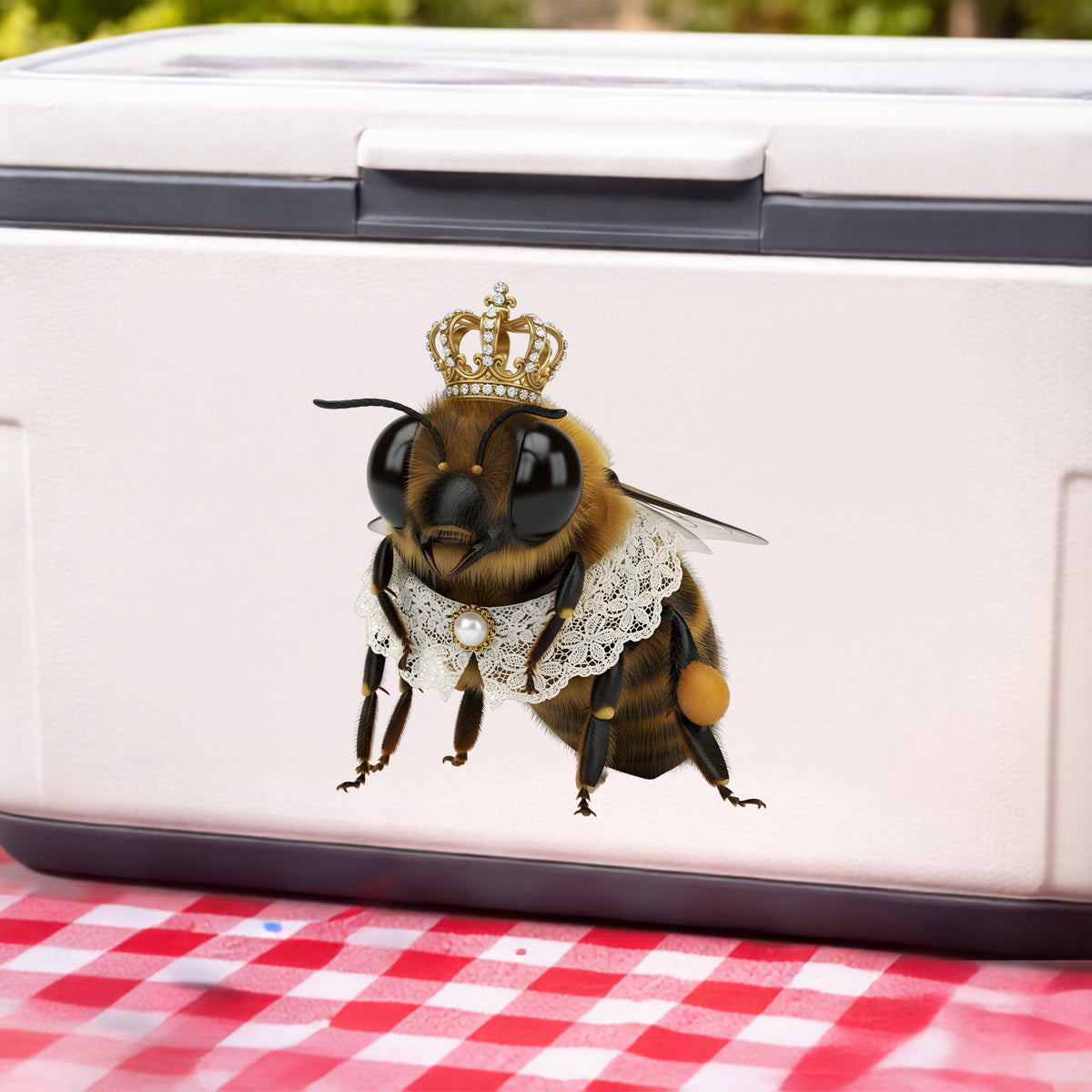Honeybee With Gold Crown And Lace Collar UV DTF sticker applied to a white cooler on a red gingham cloth