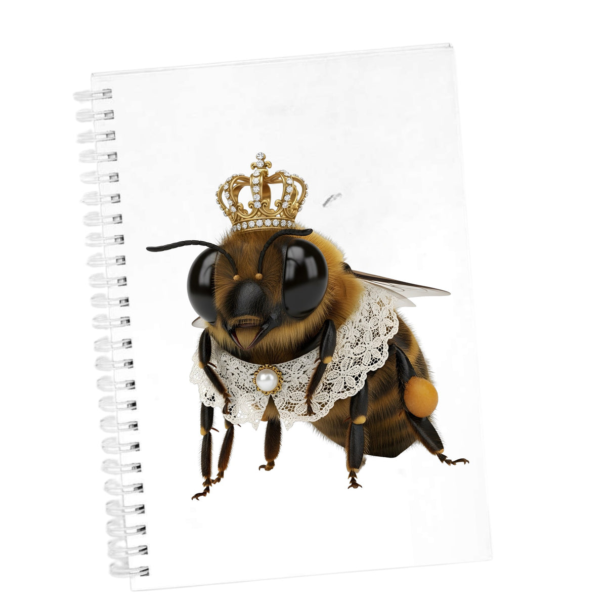 Honeybee With Gold Crown And Lace Collar UV DTF sticker applied to the cover of a white spiral journal
