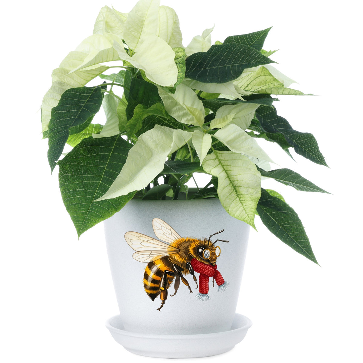 Bee With Spectacles And Red Scarf UV DTF sticker applied to a white flower pot