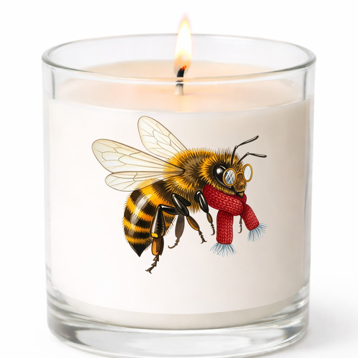 Bee With Spectacles And Red Scarf UV DTF sticker applied to a white candle in a clear glass jar