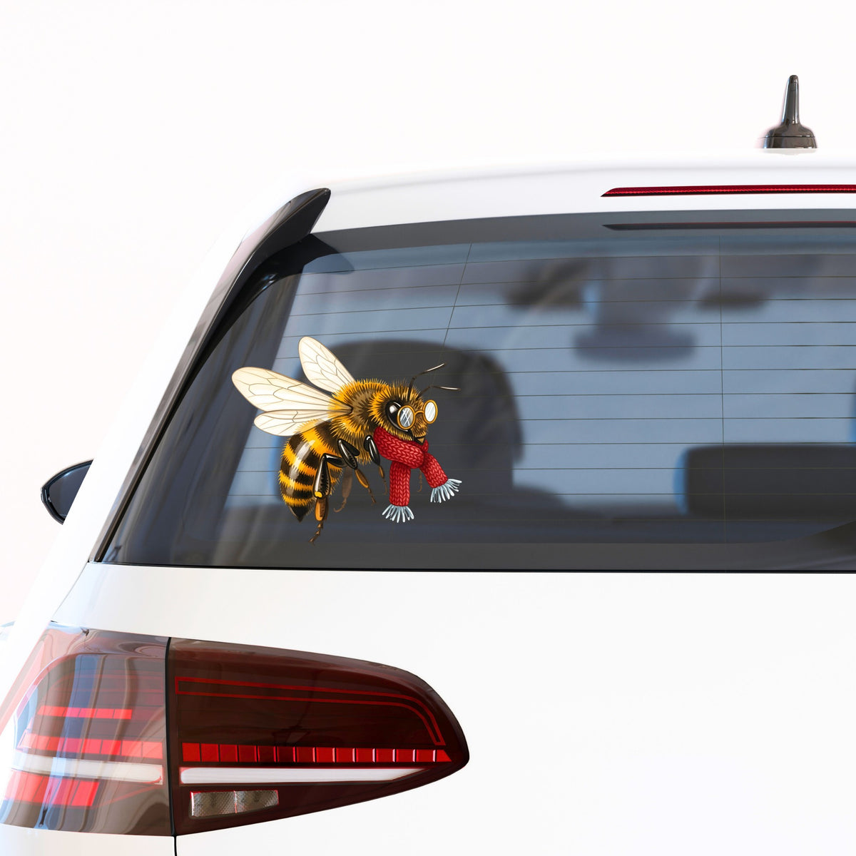 Bee With Spectacles And Red Scarf UV DTF sticker applied to the rear window of a white car