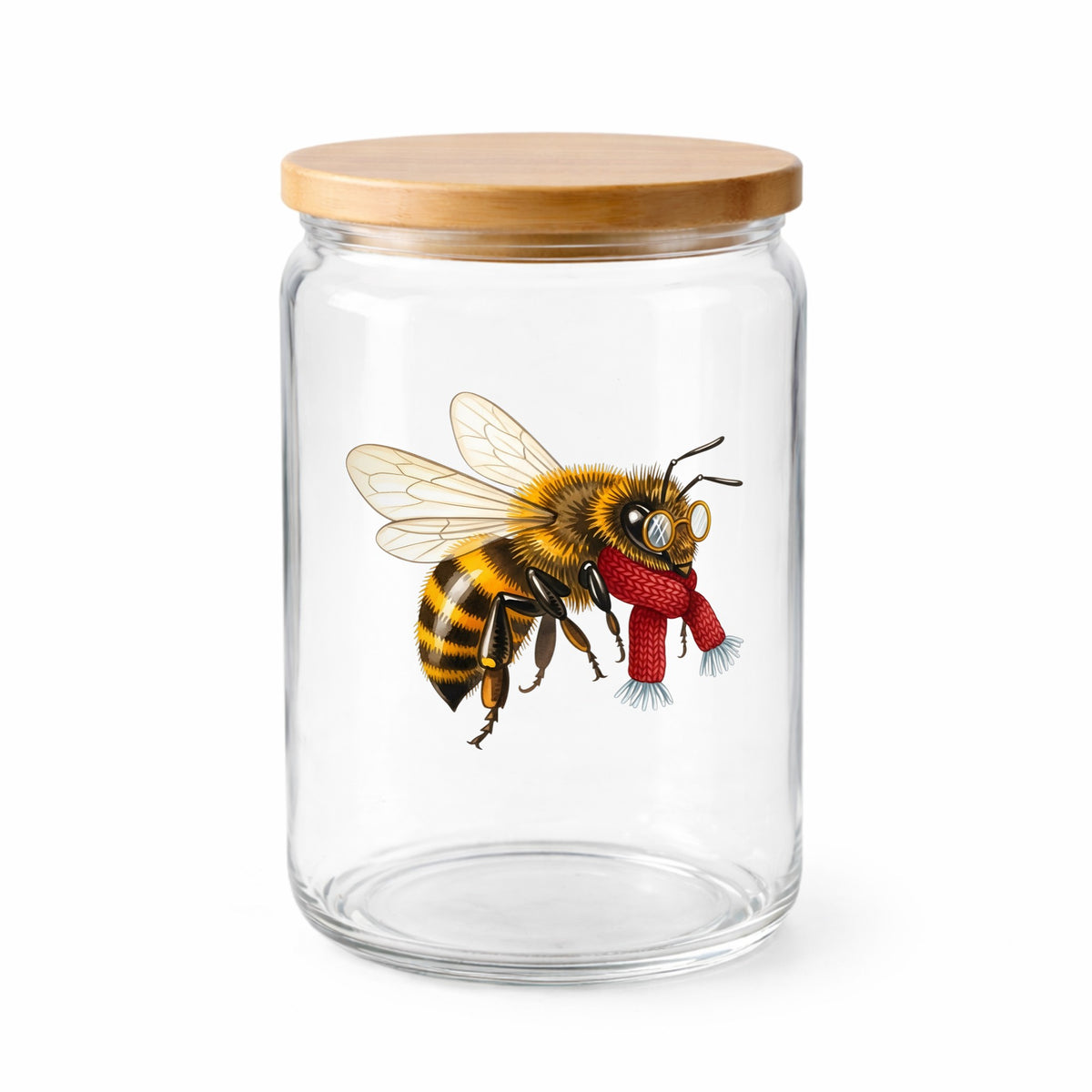 Bee With Spectacles And Red Scarf UV DTF sticker applied to a clear glass jar with a wooden lid
