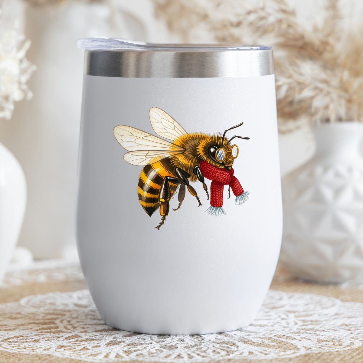 Bee With Spectacles And Red Scarf UV DTF sticker applied to a white stemless tumbler with a lid