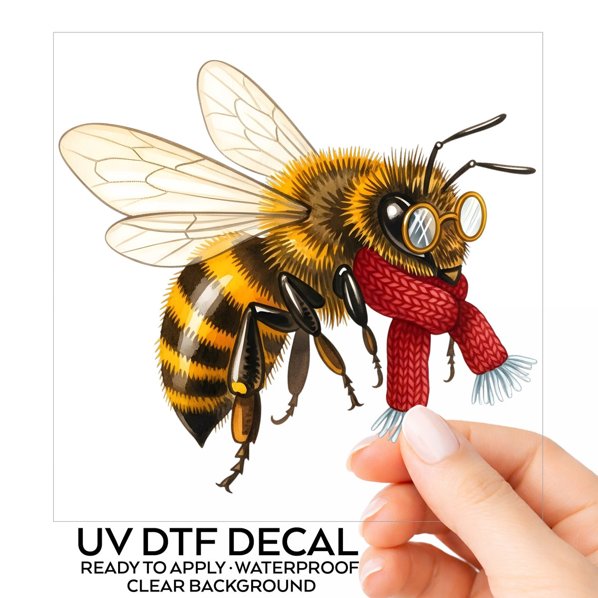 Bee With Spectacles And Red Scarf UV DTF sticker on its backing card, held in hand