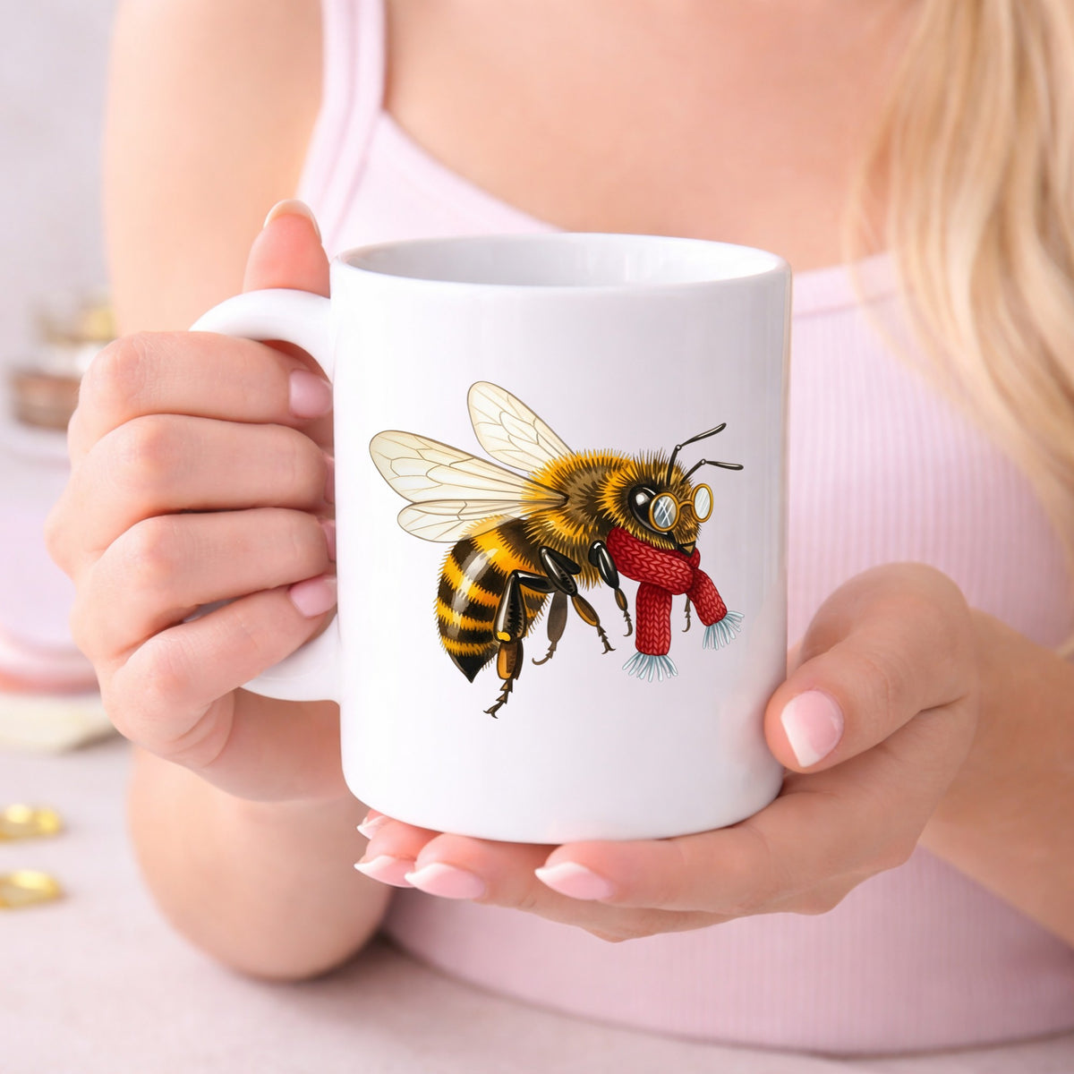 Bee With Spectacles And Red Scarf UV DTF sticker applied to a white coffee mug held in both hands