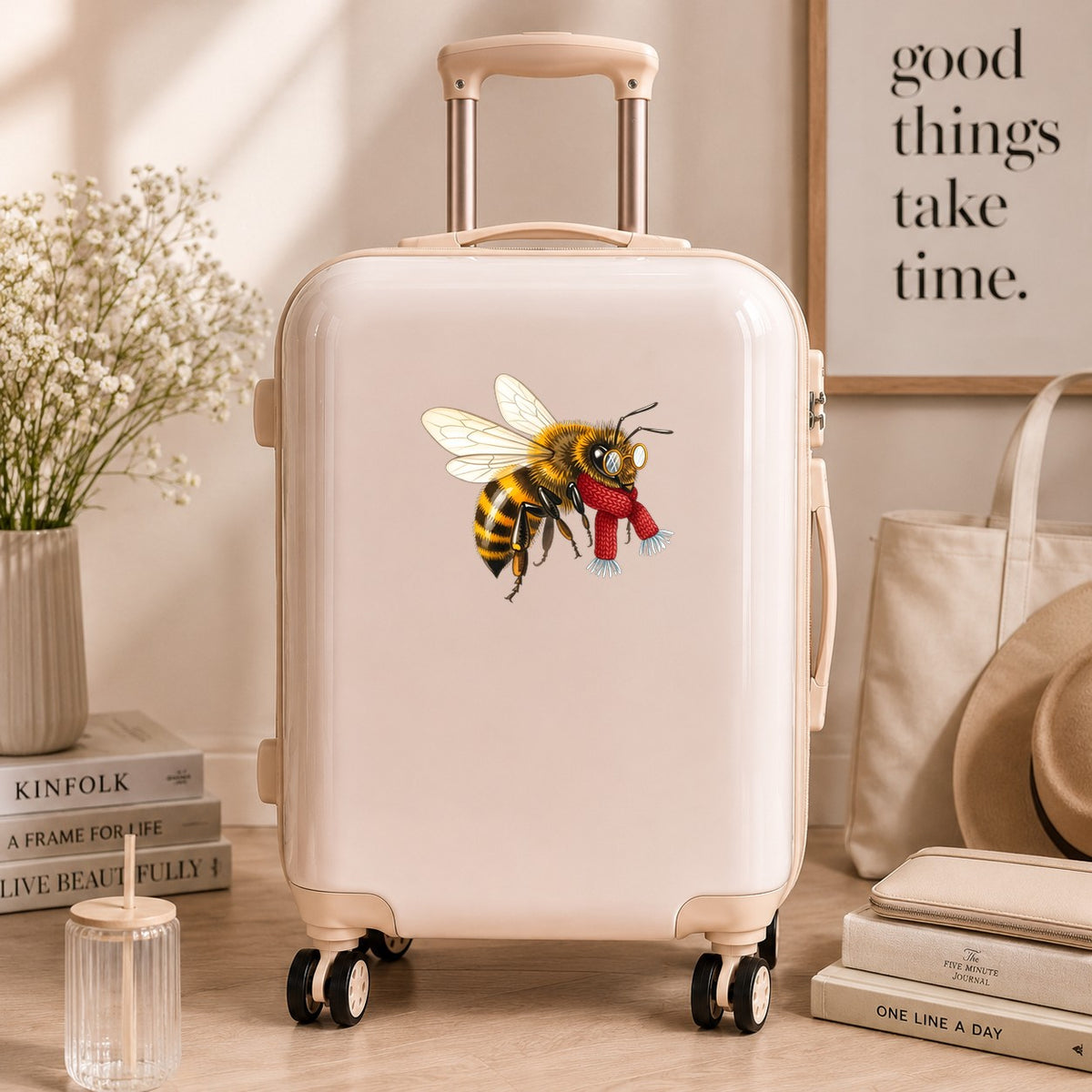 Bee With Spectacles And Red Scarf UV DTF sticker applied to a cream carry-on suitcase