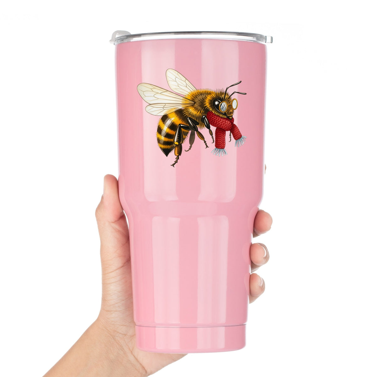 Bee With Spectacles And Red Scarf UV DTF sticker applied to a pink tumbler held against a white background