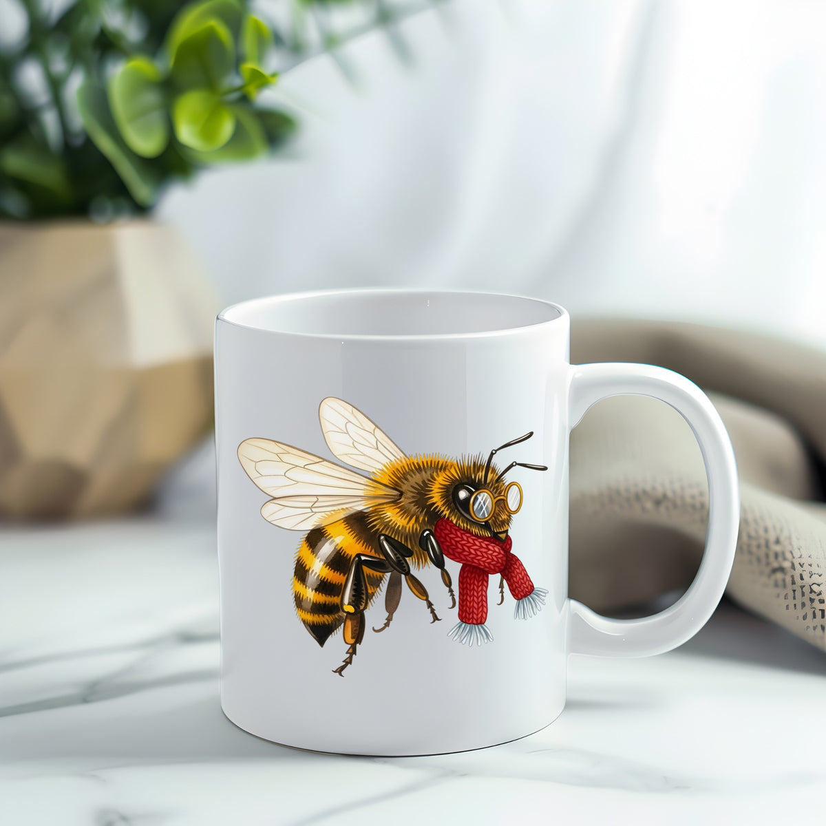 Bee With Spectacles And Red Scarf UV DTF sticker applied to a white coffee mug