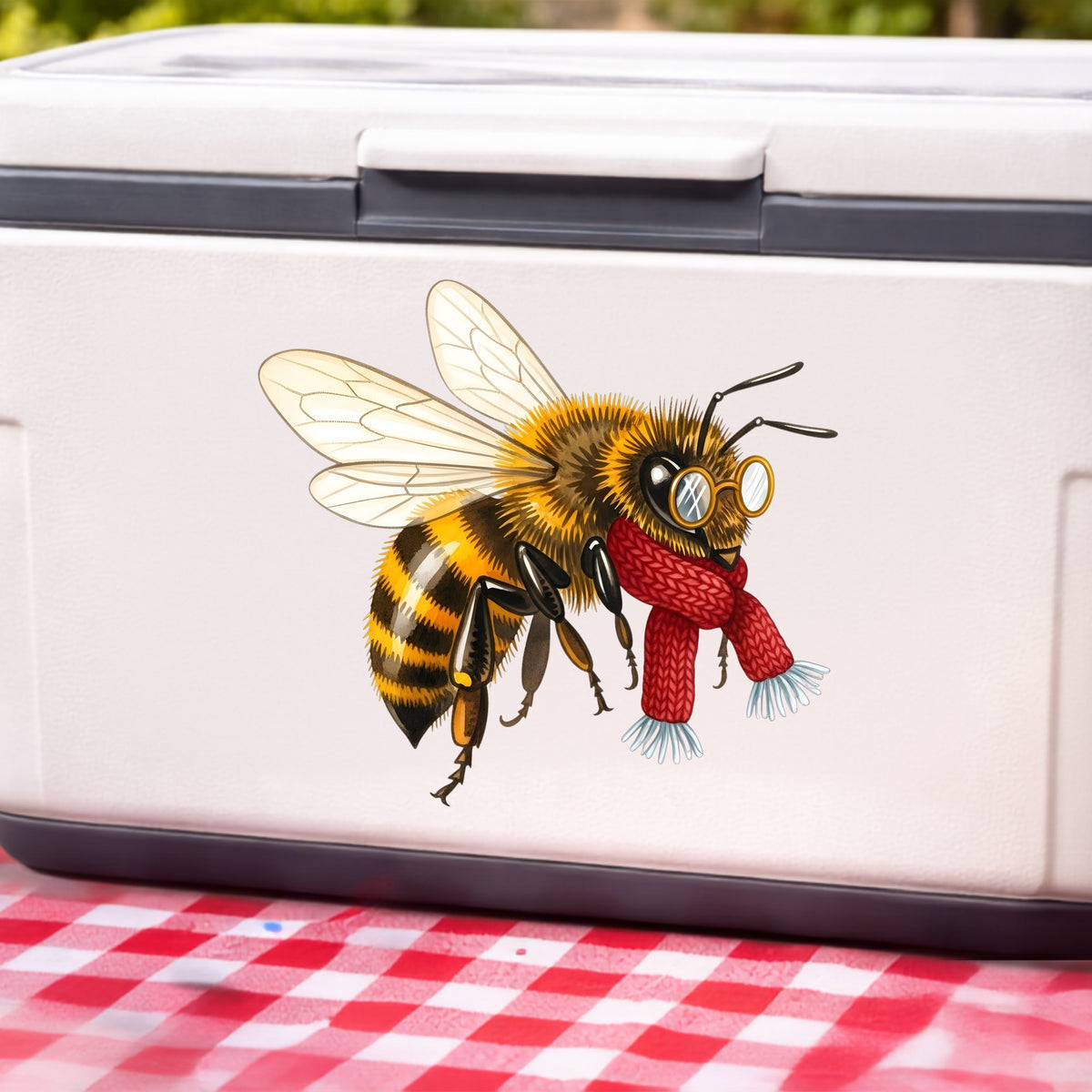 Bee With Spectacles And Red Scarf UV DTF sticker applied to a white cooler on a red gingham cloth