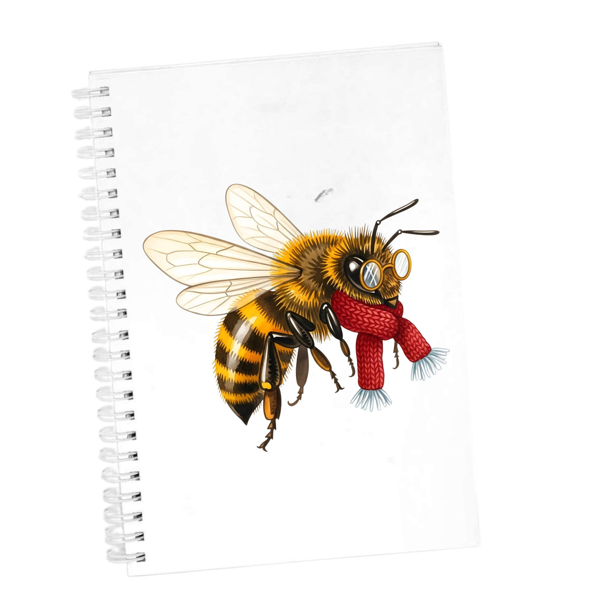 Bee With Spectacles And Red Scarf UV DTF sticker applied to the cover of a white spiral journal