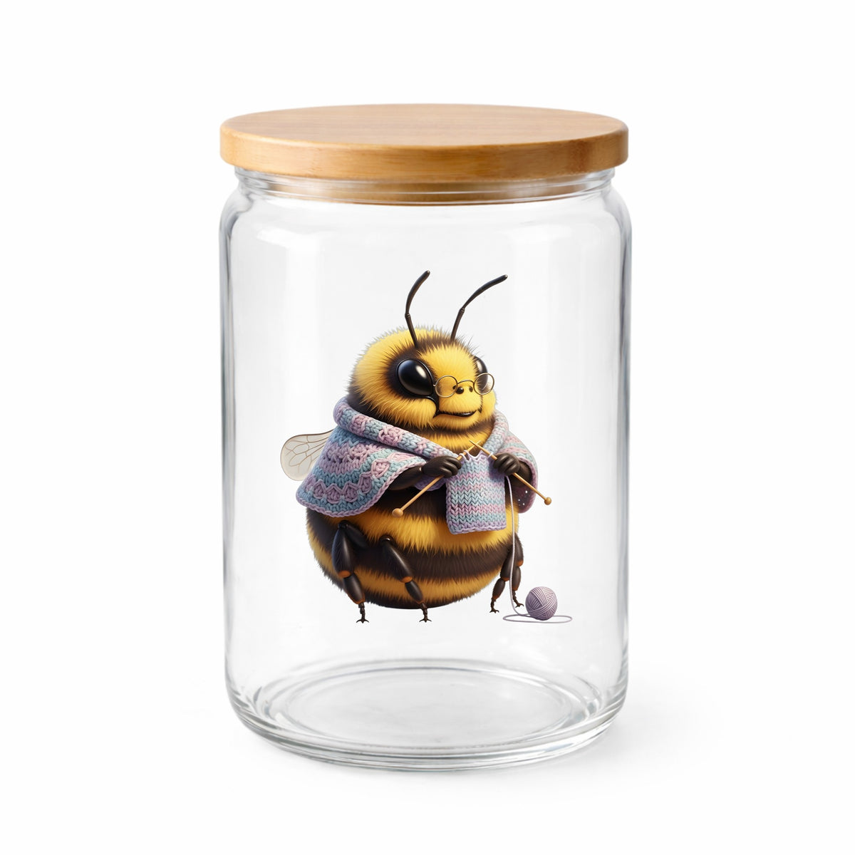 Bee Knitting In Shawl UV DTF sticker applied to a clear glass jar with a wooden lid