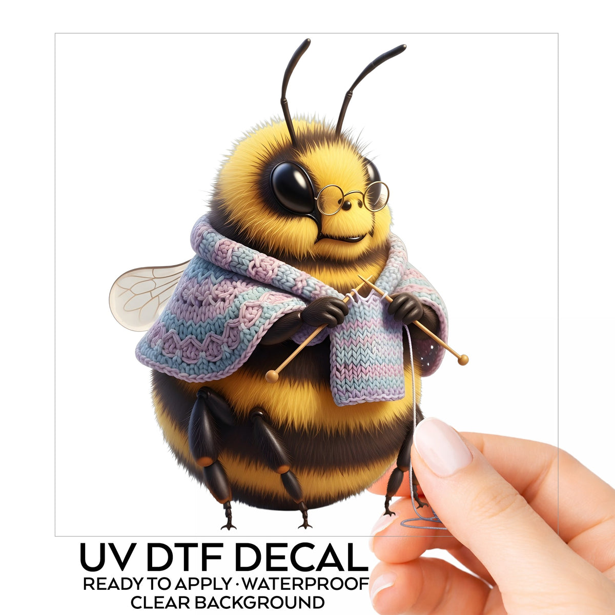 Bee Knitting In Shawl UV DTF sticker on its backing card, held in hand