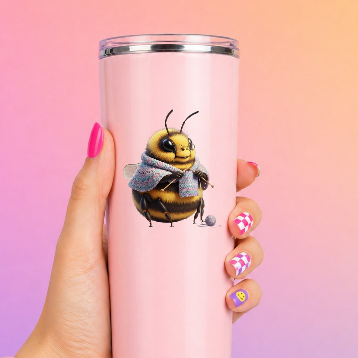Bee Knitting In Shawl UV DTF sticker applied to a tall pink tumbler on a pink and orange background