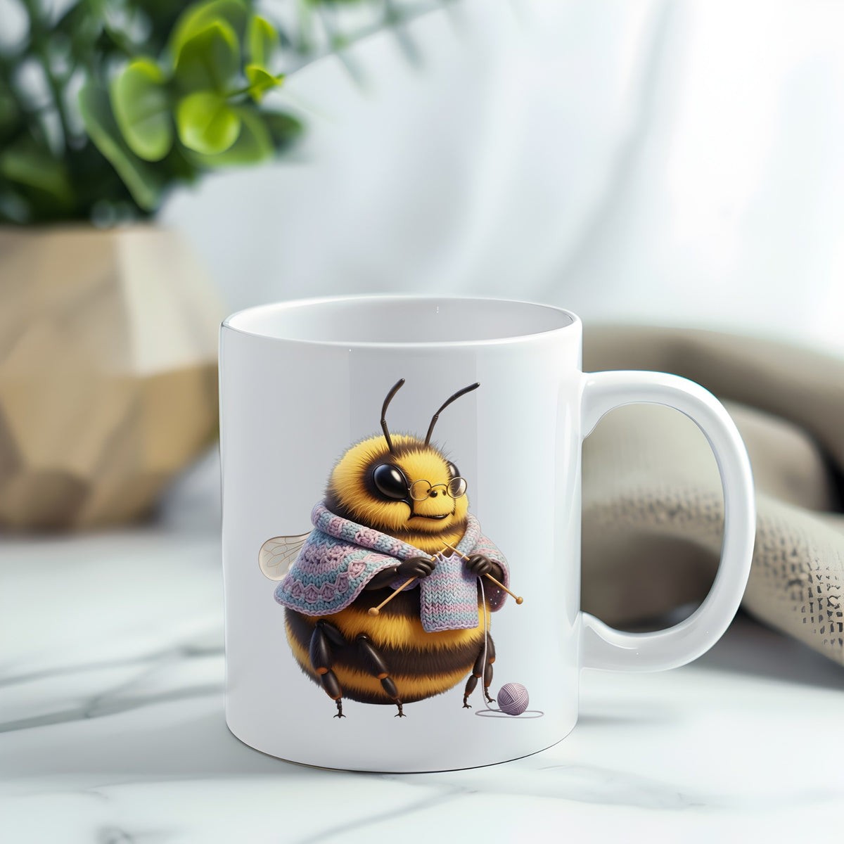 Bee Knitting In Shawl UV DTF sticker applied to a white coffee mug