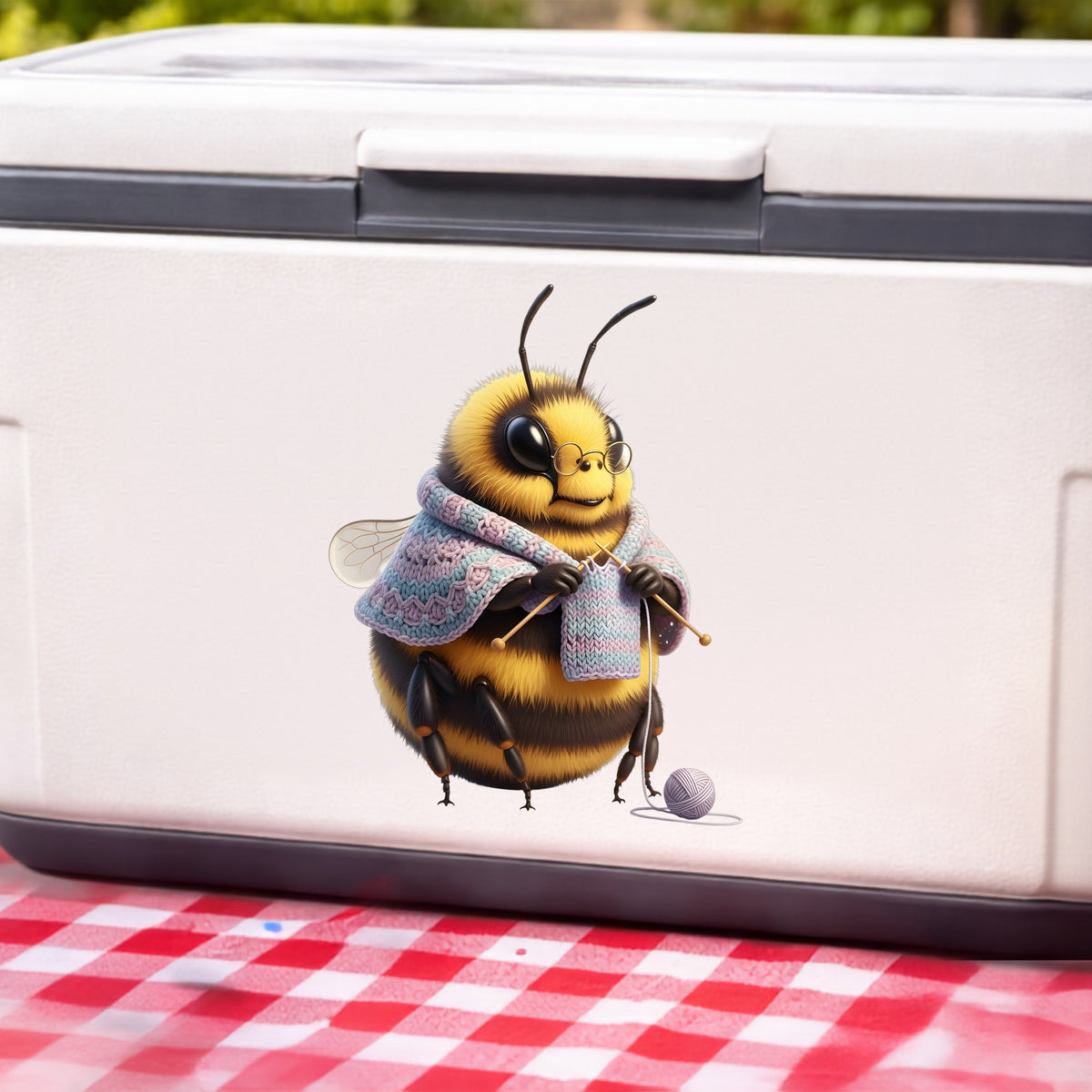 Bee Knitting In Shawl UV DTF sticker applied to a white cooler on a red gingham cloth