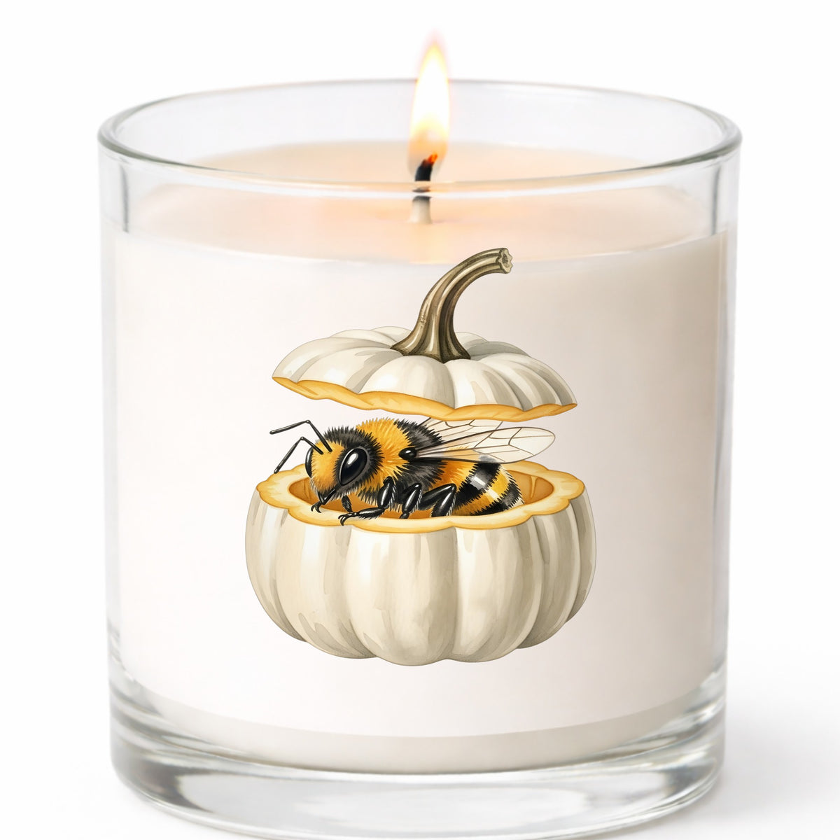 Sleepy Bee Inside White Pumpkin UV DTF sticker applied to a white candle in a clear glass jar
