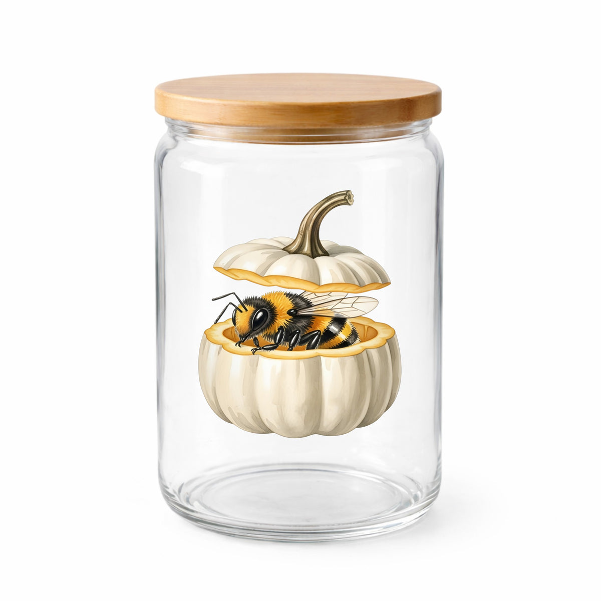 Sleepy Bee Inside White Pumpkin UV DTF sticker applied to a clear glass jar with a wooden lid