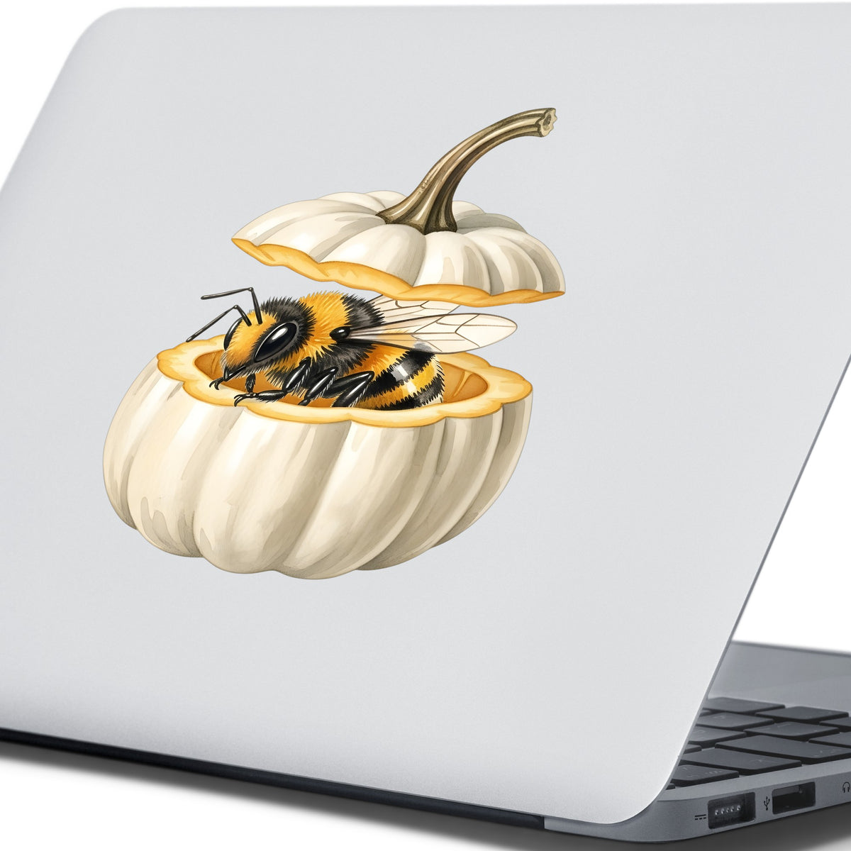 Sleepy Bee Inside White Pumpkin UV DTF sticker applied to the lid of a silver laptop