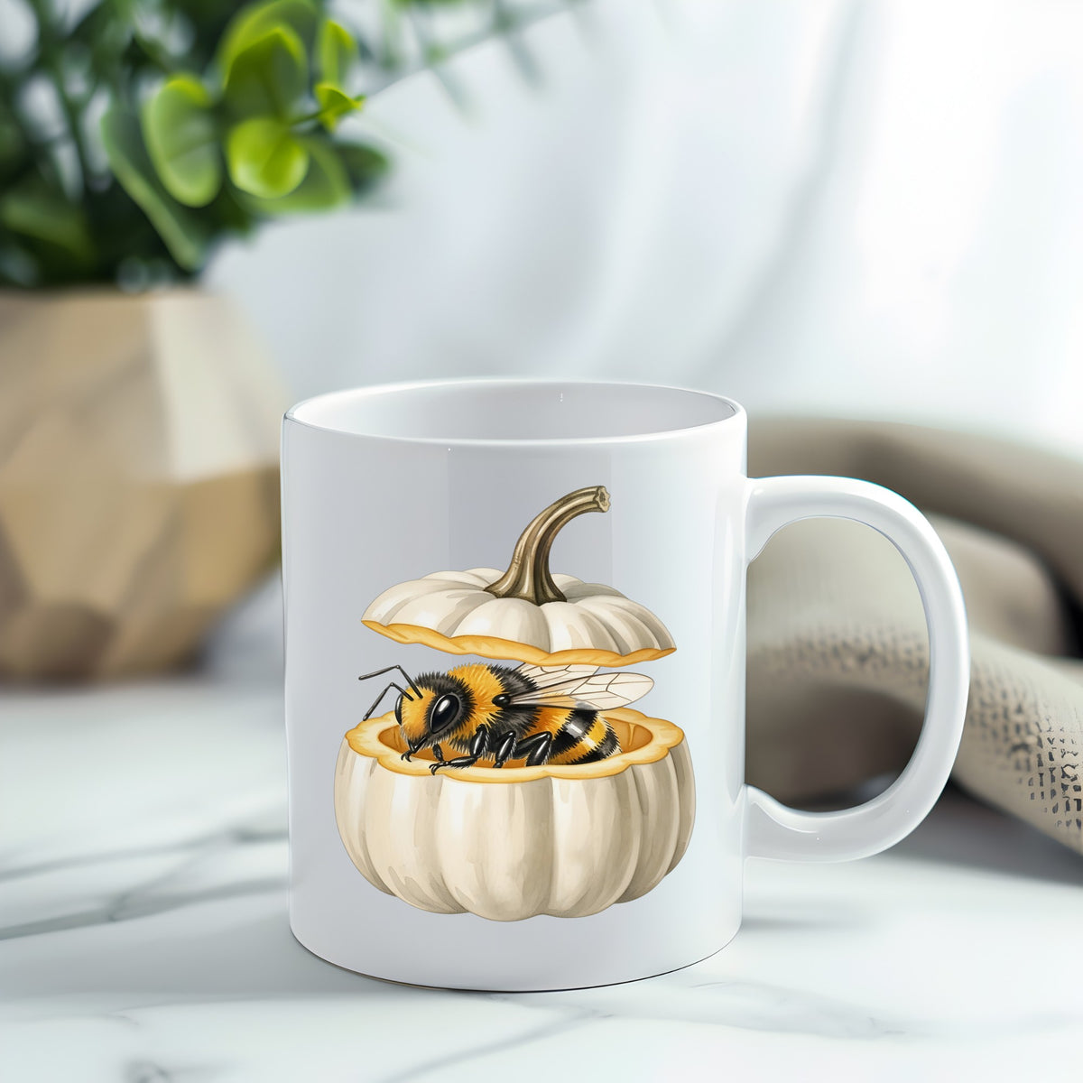 Sleepy Bee Inside White Pumpkin UV DTF sticker applied to a white coffee mug