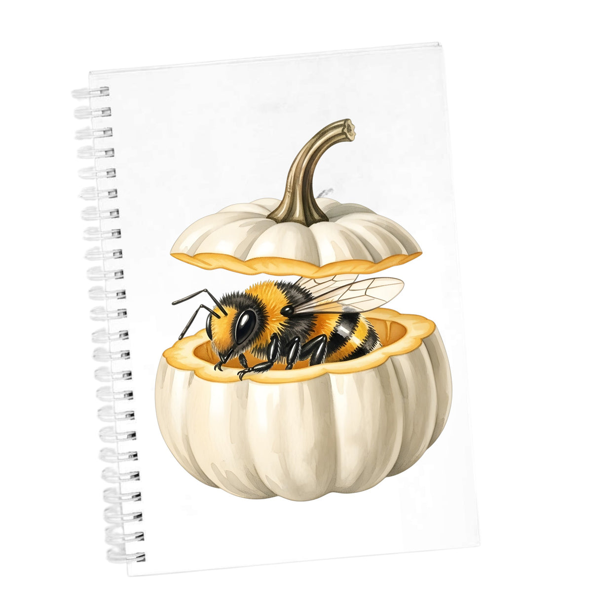 Sleepy Bee Inside White Pumpkin UV DTF sticker applied to the cover of a white spiral journal