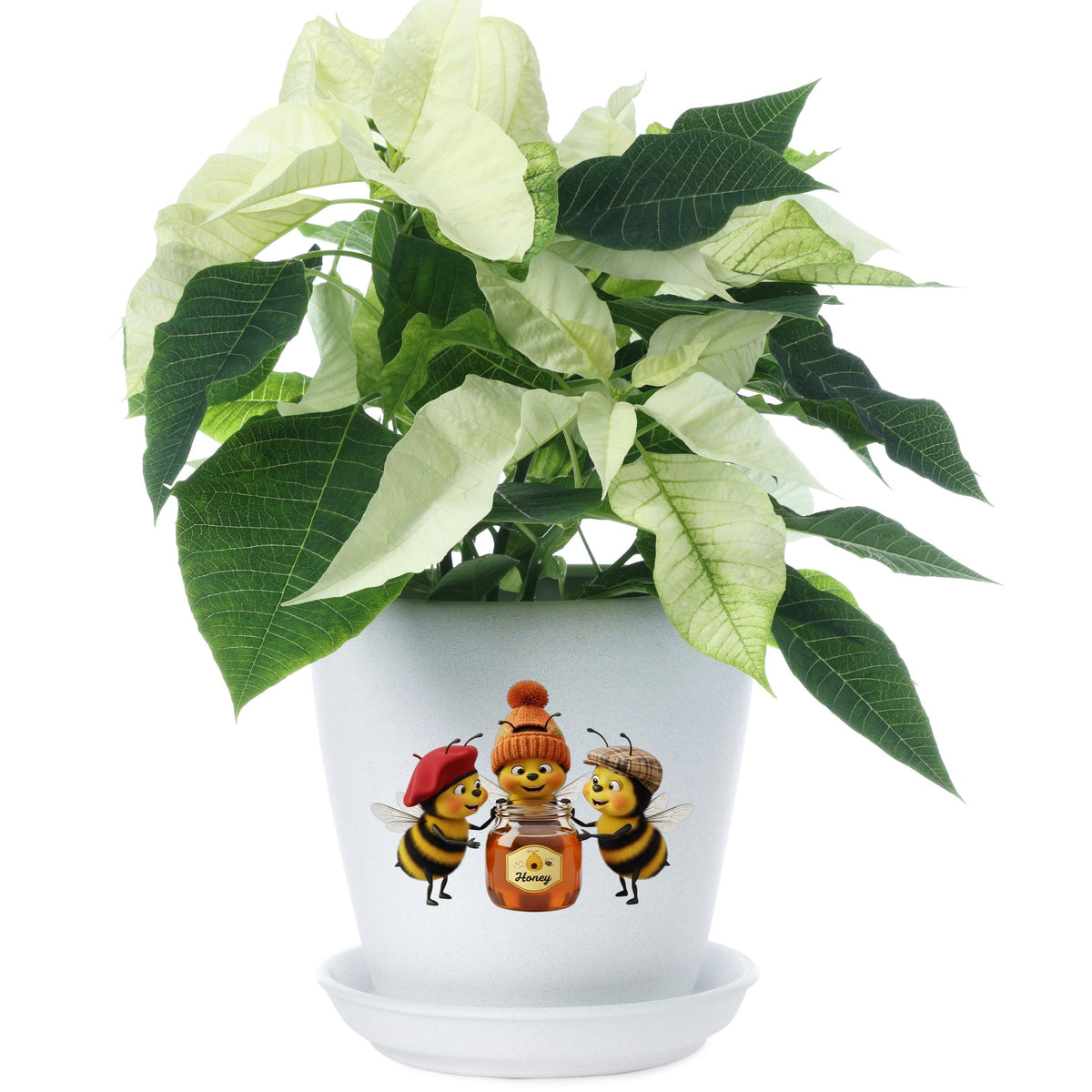 Three Bees With Honey Jar UV DTF sticker applied to a white flower pot
