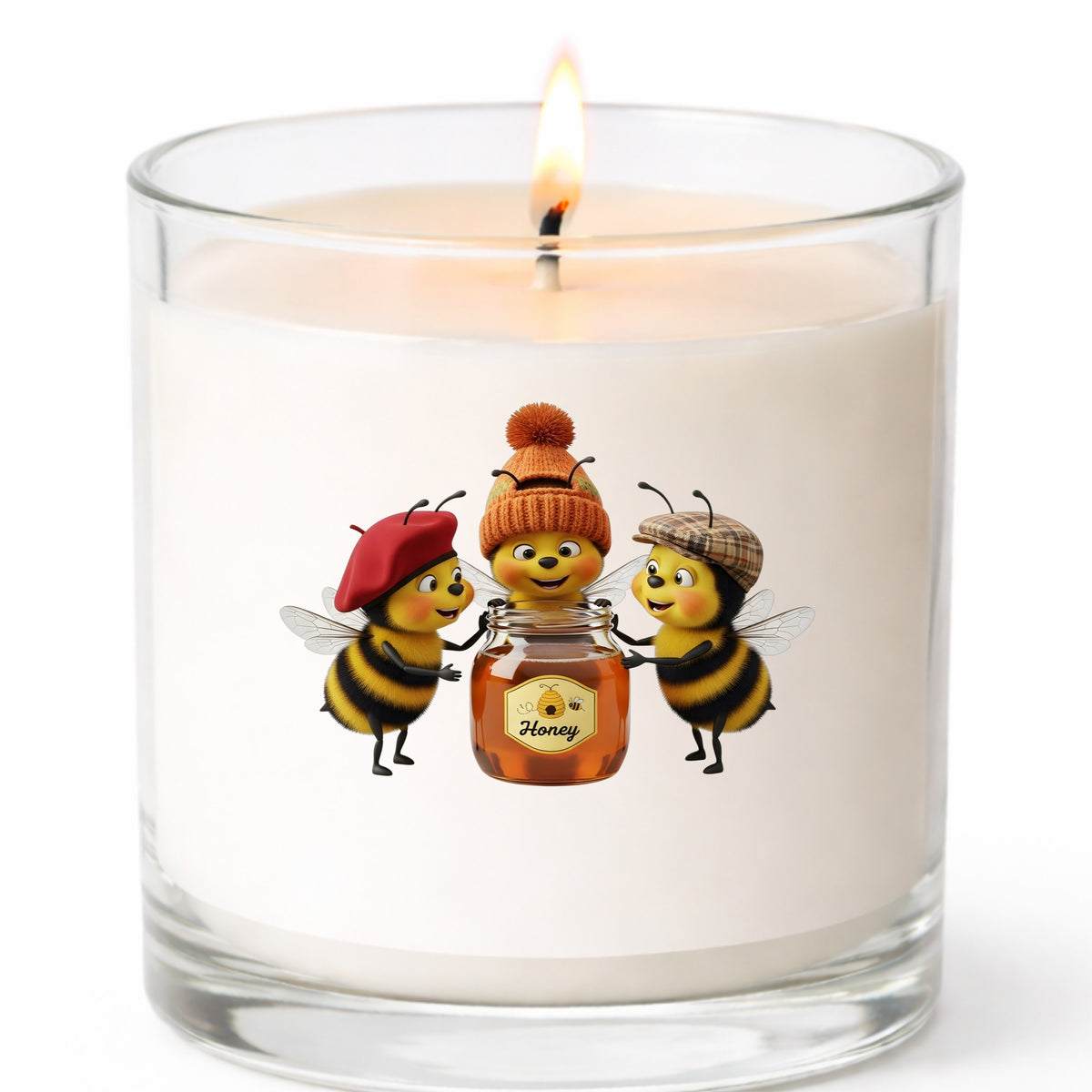Three Bees With Honey Jar UV DTF sticker applied to a white candle in a clear glass jar