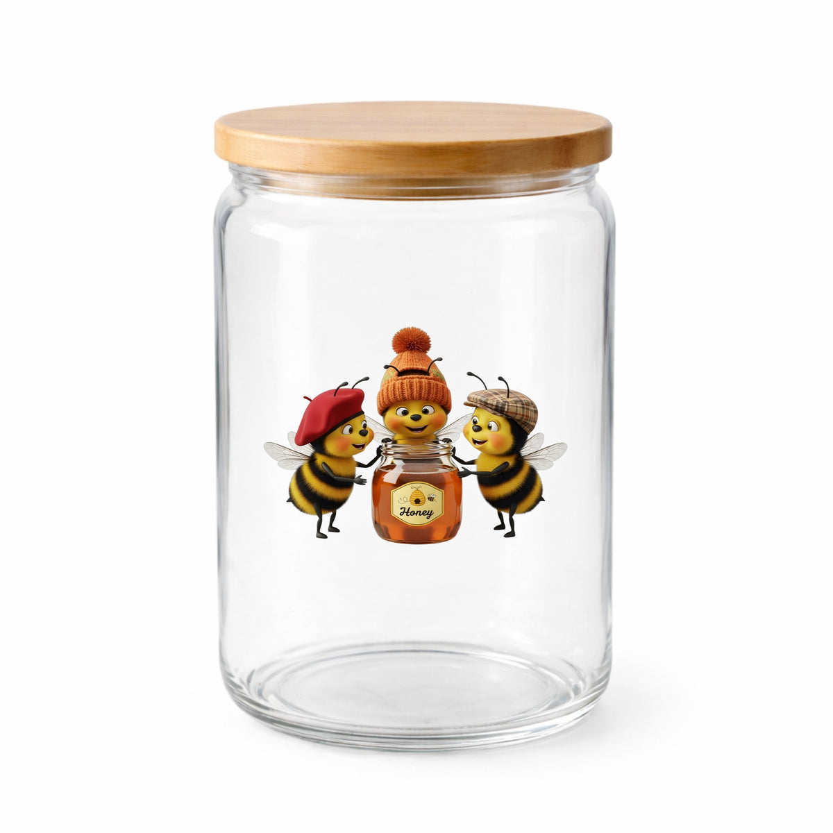 Three Bees With Honey Jar UV DTF sticker applied to a clear glass jar with a wooden lid