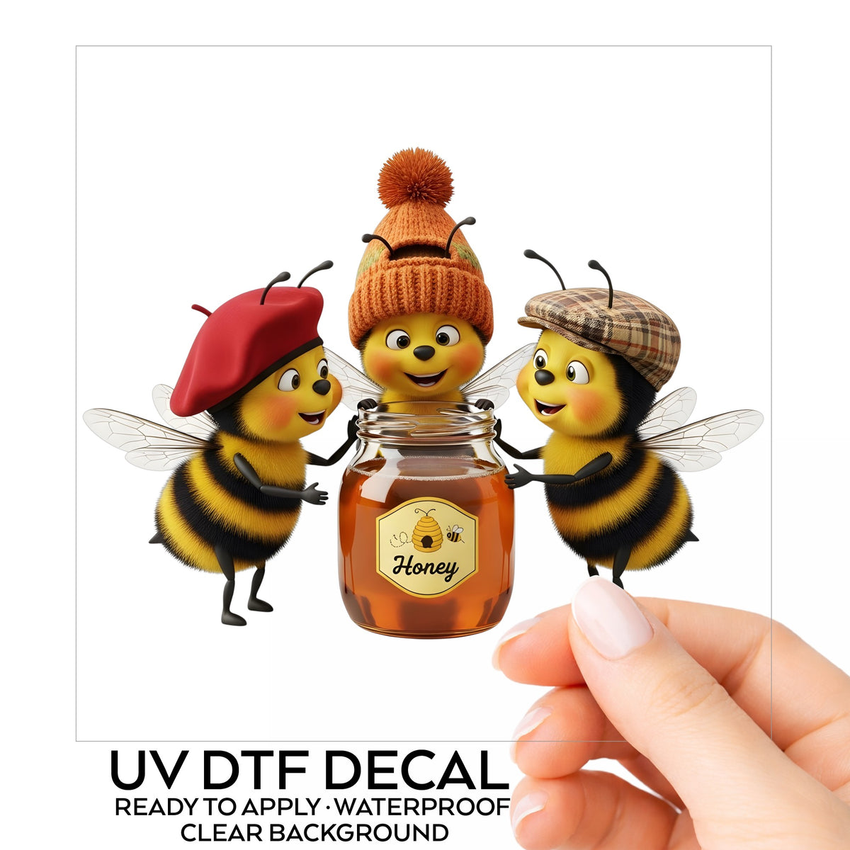 Three Bees With Honey Jar UV DTF sticker on its backing card, held in hand