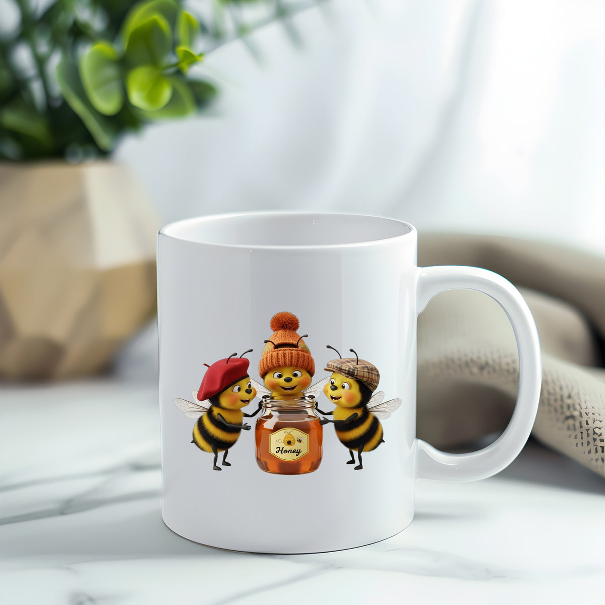 Three Bees With Honey Jar UV DTF sticker applied to a white coffee mug