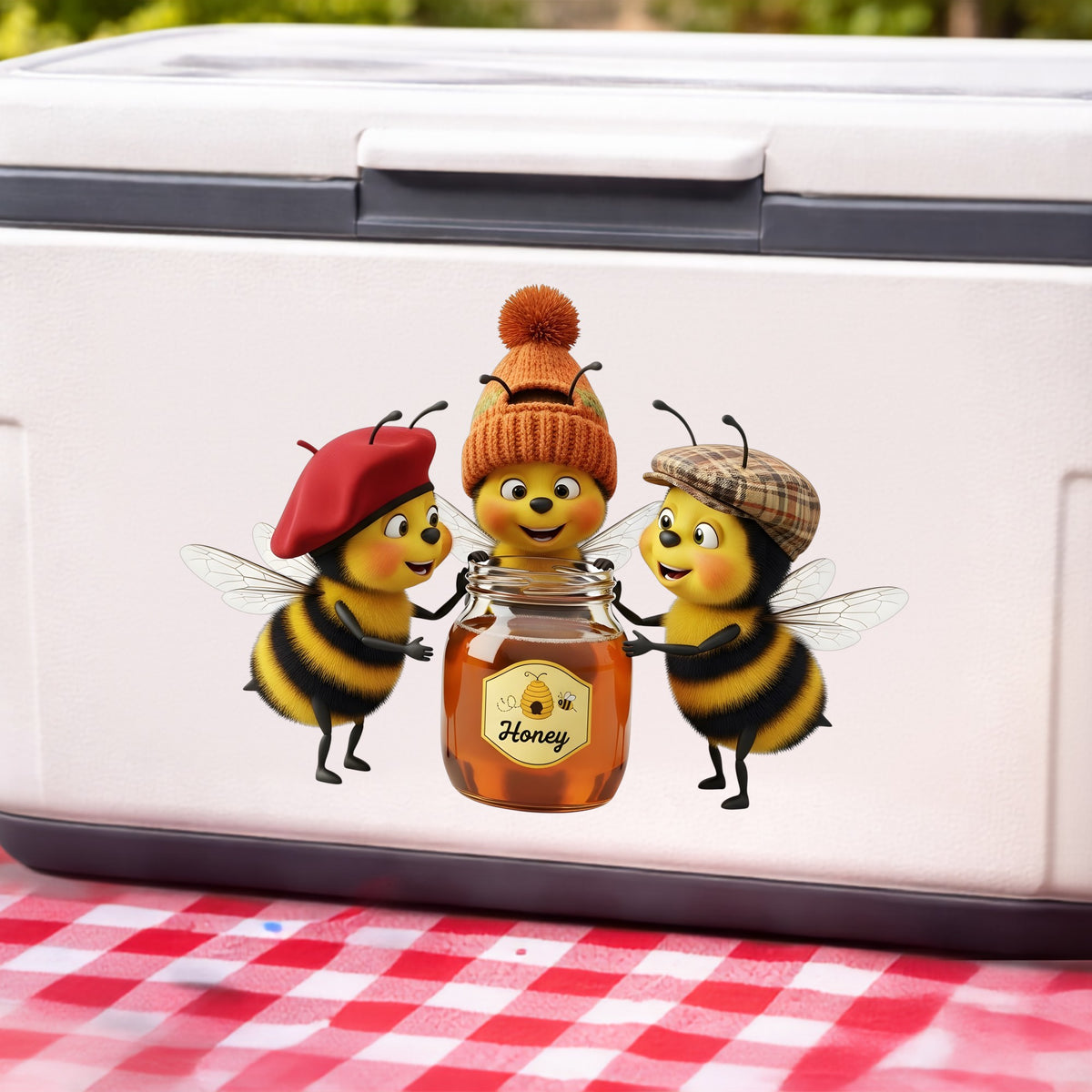 Three Bees With Honey Jar UV DTF sticker applied to a white cooler on a red gingham cloth
