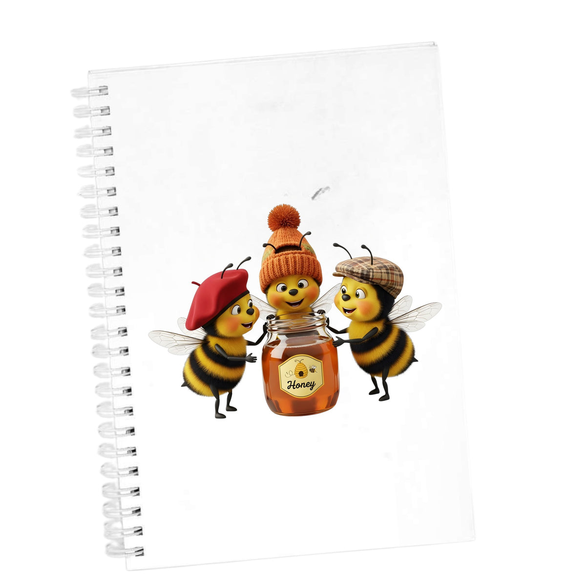 Three Bees With Honey Jar UV DTF sticker applied to the cover of a white spiral journal