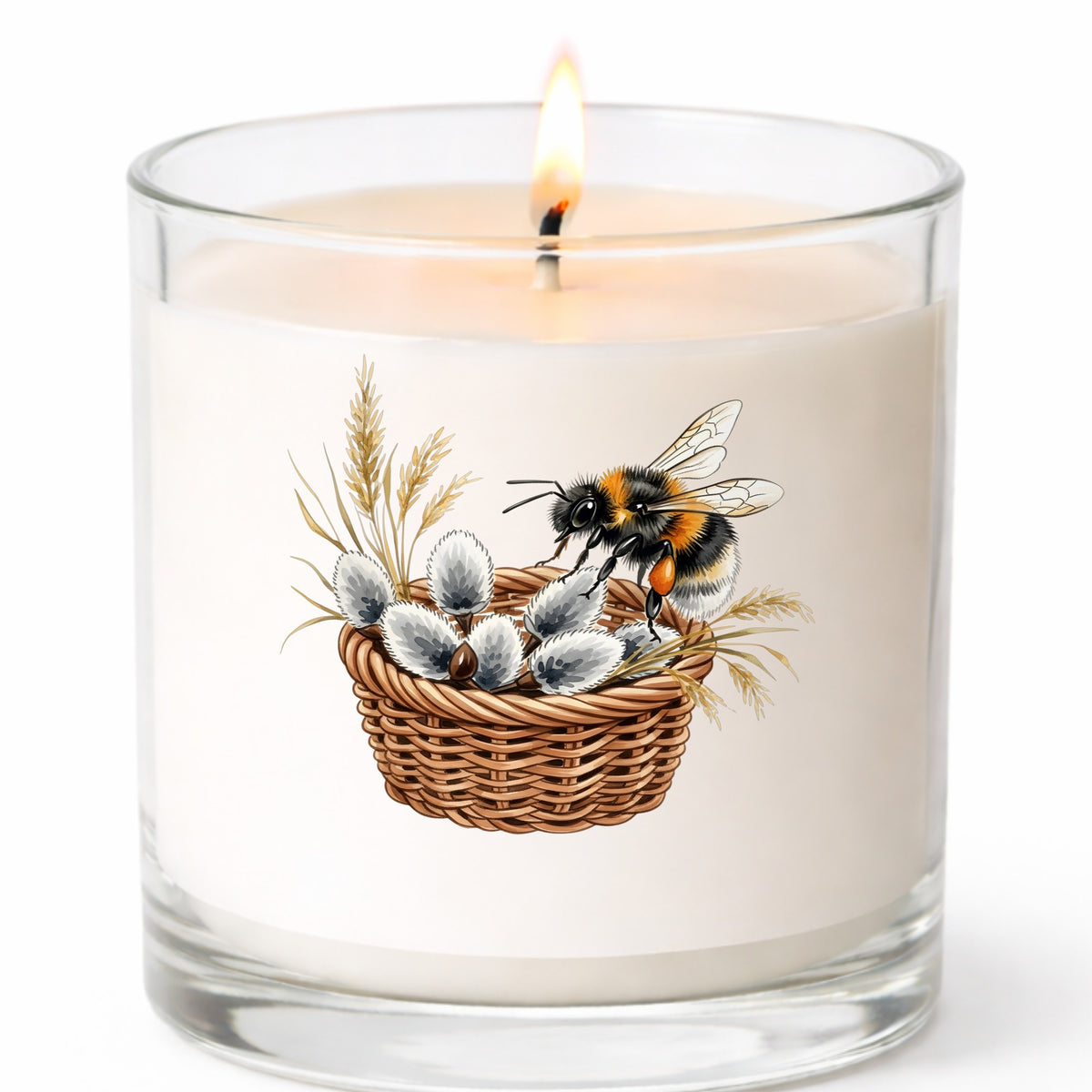 Bumble Bee On Basket Of Pussy Willow UV DTF sticker applied to a white candle in a clear glass jar