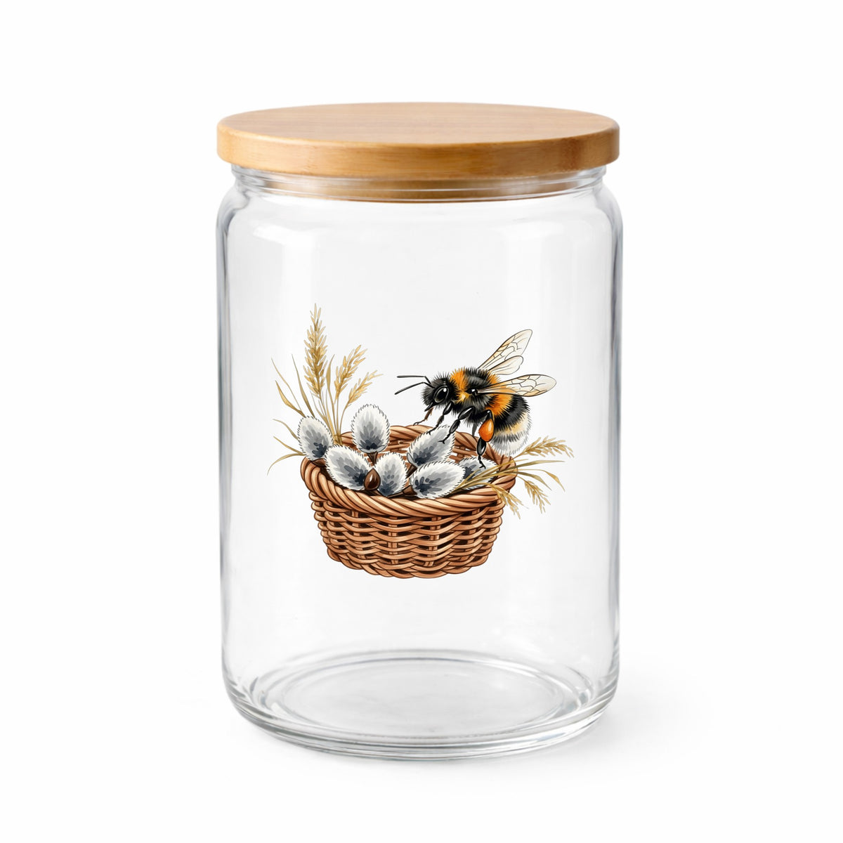 Bumble Bee On Basket Of Pussy Willow UV DTF sticker applied to a clear glass jar with a wooden lid