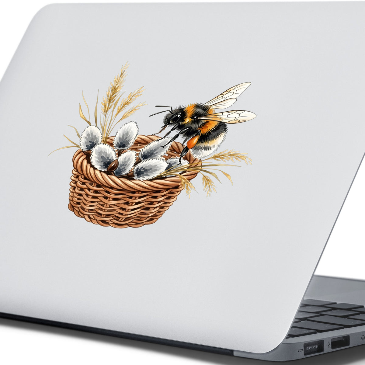 Bumble Bee On Basket Of Pussy Willow UV DTF sticker applied to the lid of a silver laptop