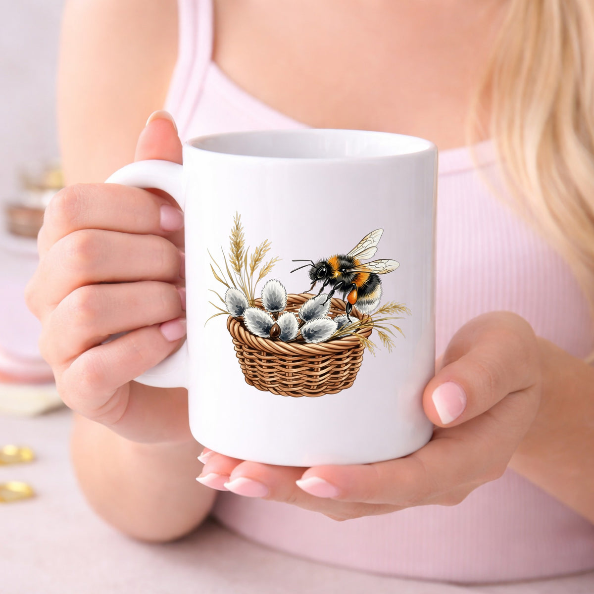 Bumble Bee On Basket Of Pussy Willow UV DTF sticker applied to a white coffee mug held in both hands
