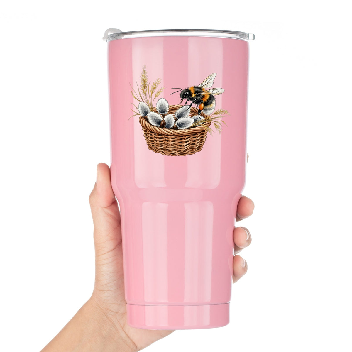 Bumble Bee On Basket Of Pussy Willow UV DTF sticker applied to a pink tumbler held against a white background