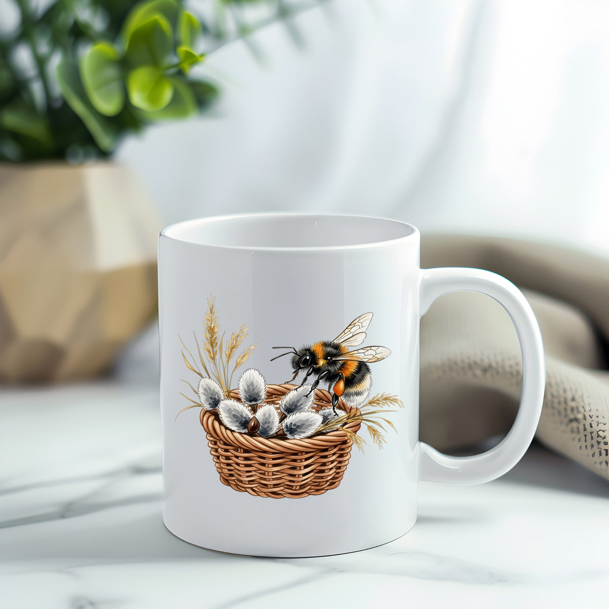 Bumble Bee On Basket Of Pussy Willow UV DTF sticker applied to a white coffee mug