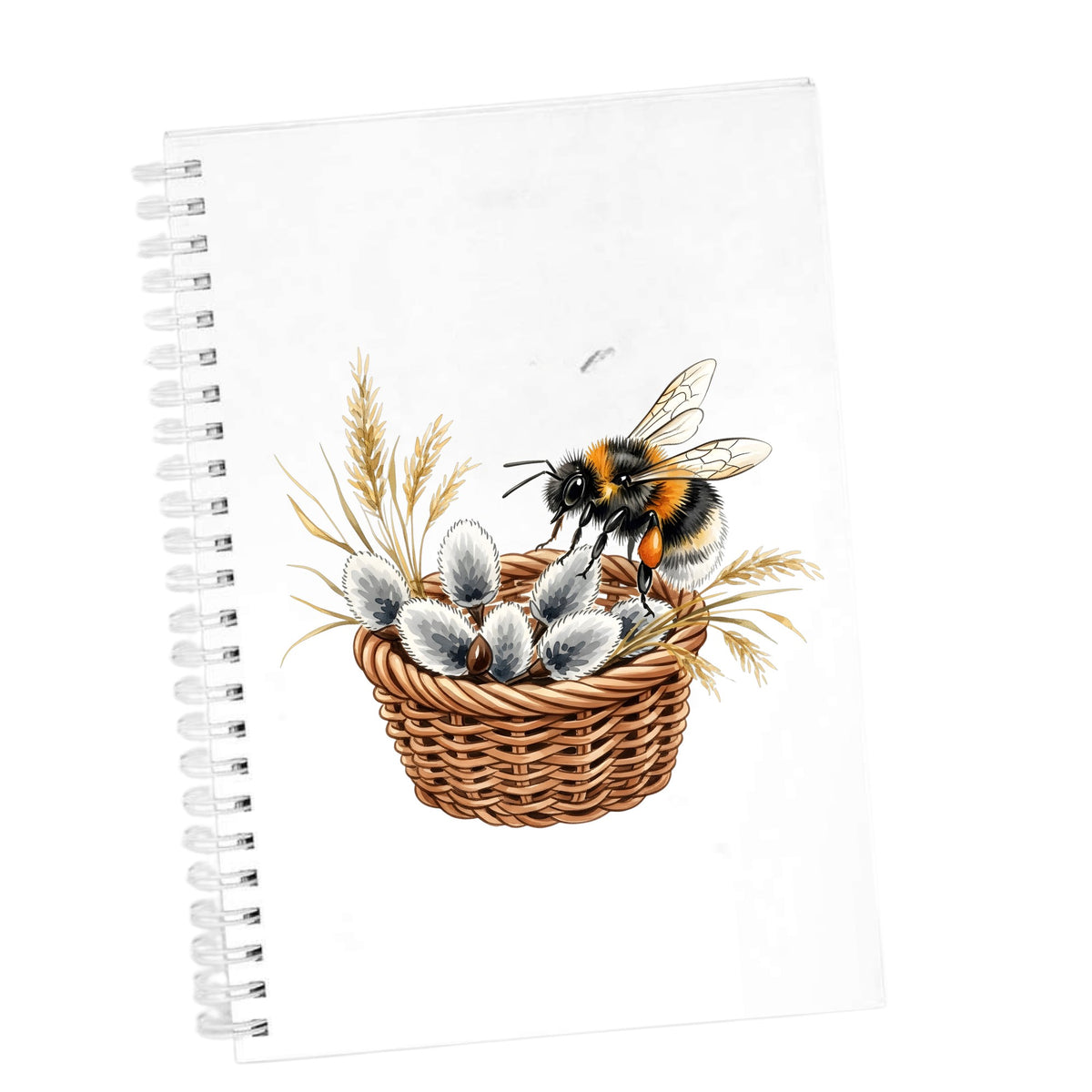 Bumble Bee On Basket Of Pussy Willow UV DTF sticker applied to the cover of a white spiral journal