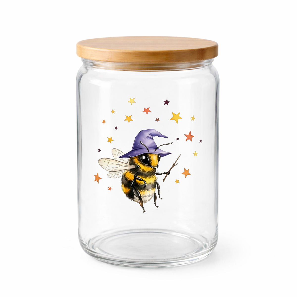 Bee Wizard With Stars UV DTF sticker applied to a clear glass jar with a wooden lid
