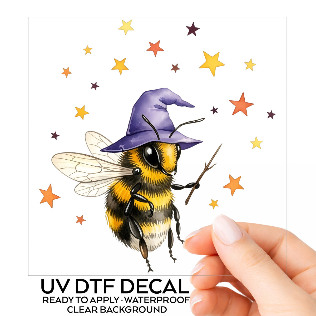 Bee Wizard With Stars UV DTF sticker on its backing card, held in hand