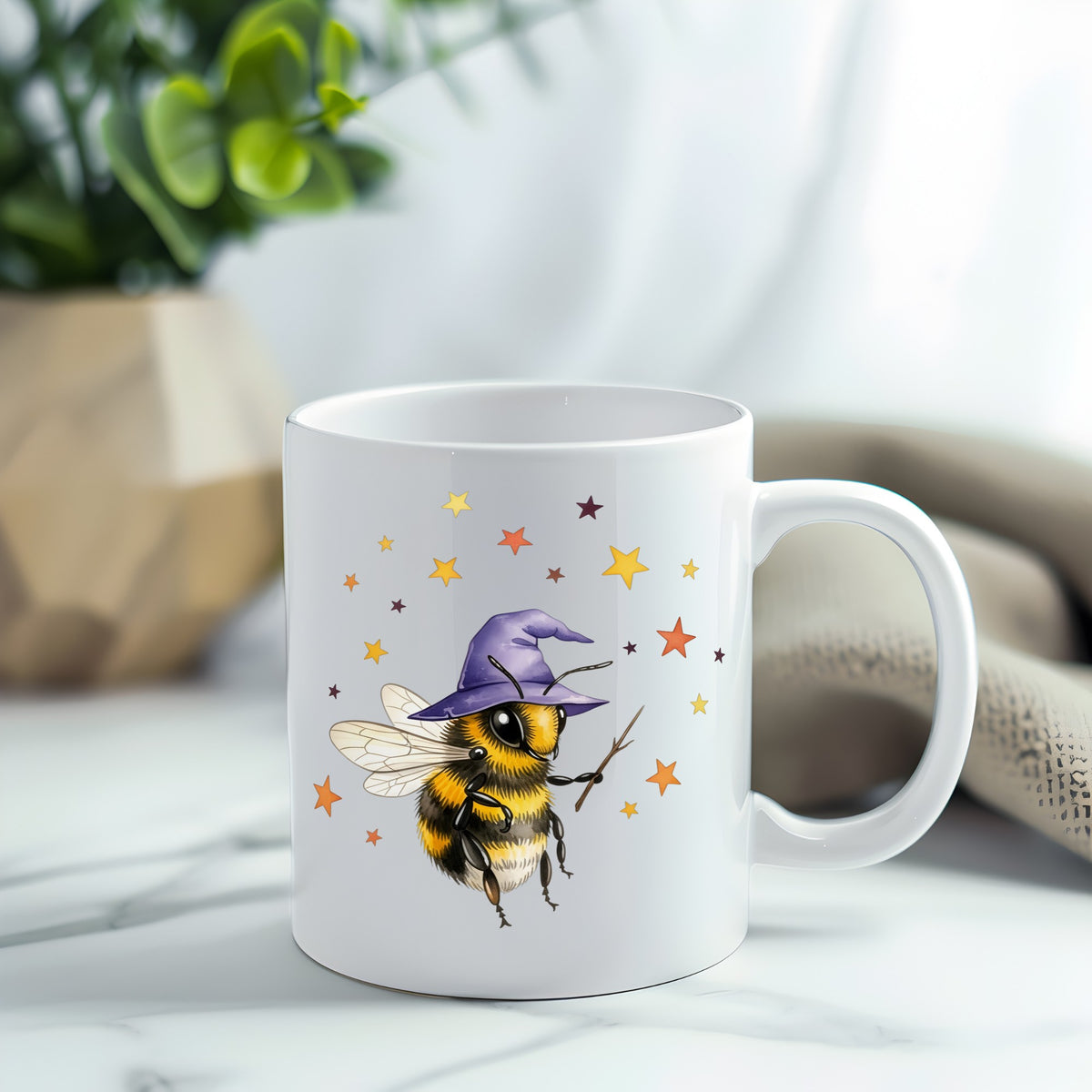 Bee Wizard With Stars UV DTF sticker applied to a white coffee mug