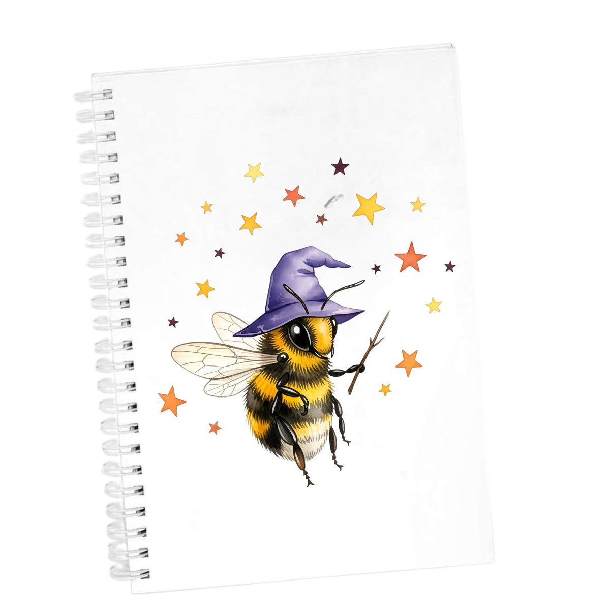 Bee Wizard With Stars UV DTF sticker applied to the cover of a white spiral journal