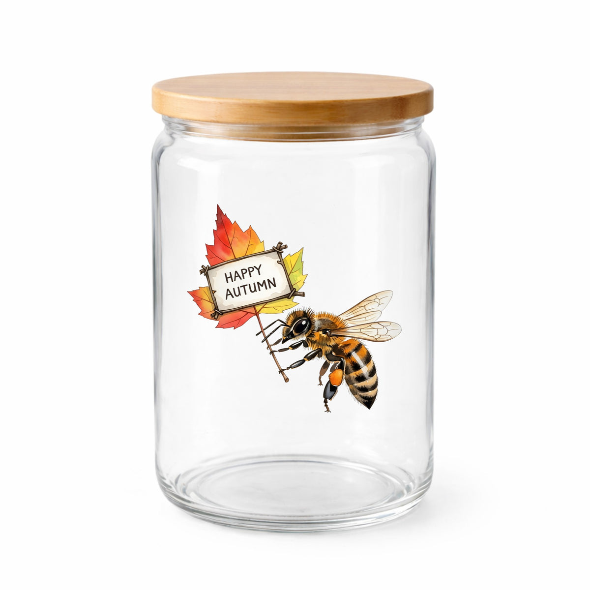 Honeybee Holding Happy Autumn Sign UV DTF sticker applied to a clear glass jar with a wooden lid